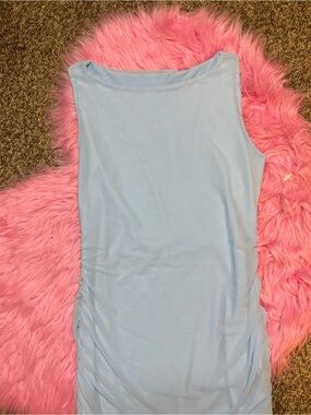 Women’s Large Light Blue Mesh Ruched Bodycon Mini Dress Ruffle Hem Y2K Party